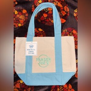 Trader Joe's Mini Canvas Tote Bag in Light Blue and Cream